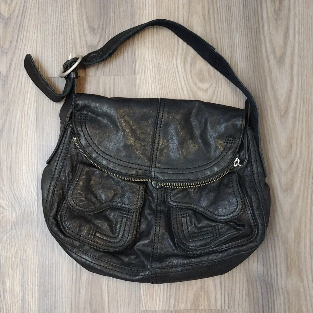 Lucky Brand Stash Black Lambskin Leather Fold Over Hobo Bag VTG Y2K Messenger - Picture 1 of 11